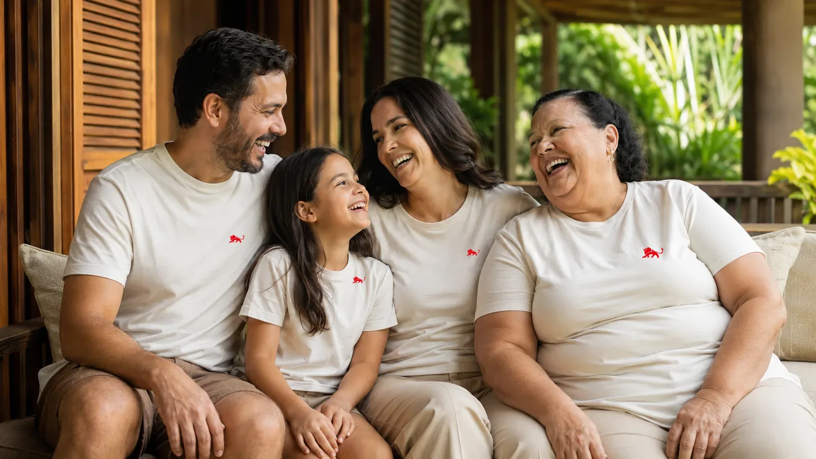 Pai, filha, mãe e avó juntos no sofá da varanda, todos com a mesma camiseta off-white e o leão vermelho pequeno no peito, rindo