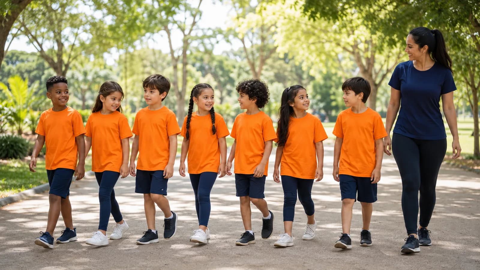 Turma de crianças em fila num passeio ao ar livre, todas de camiseta laranja com o nome nas costas e o leão vermelho pequeno no peito, monitora ao lado