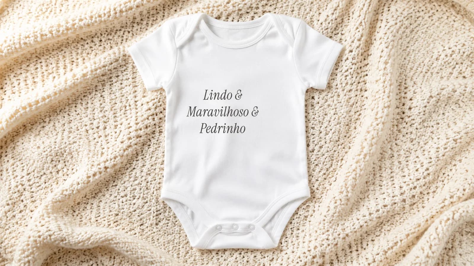 Body de bebê branco sobre manta de tricô creme com a estampa em serifada fina: Lindo e Maravilhoso e Pedrinho