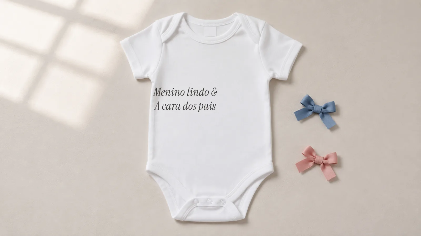 Body de bebê branco em flat lay com um laço azul e um rosa ao lado e a estampa: Menino lindo e A cara dos pais