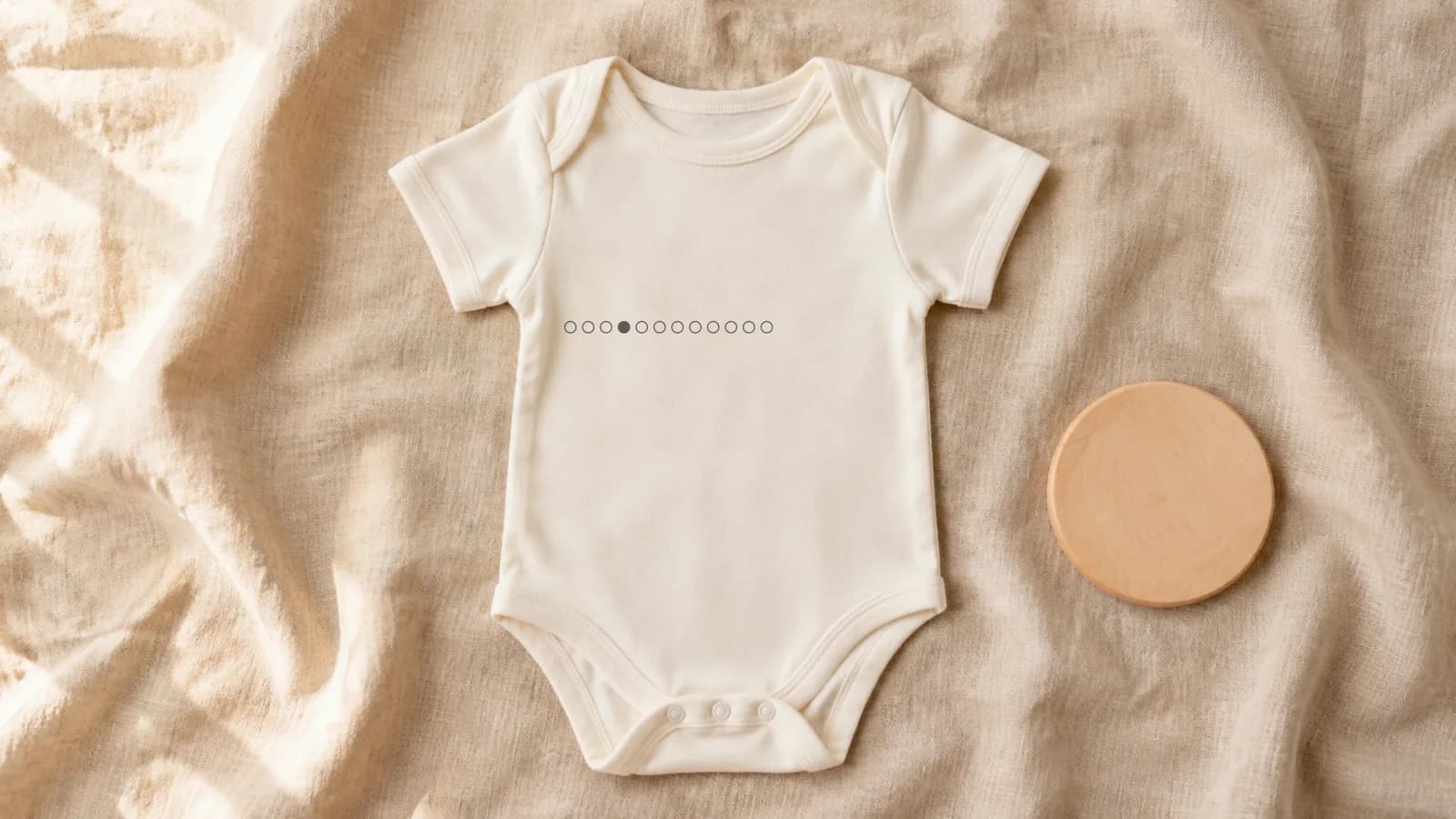 Body de bebê off-white sobre linho com as doze fases da lua estampadas no peito, uma preenchida, e plaquinha de madeira ao lado