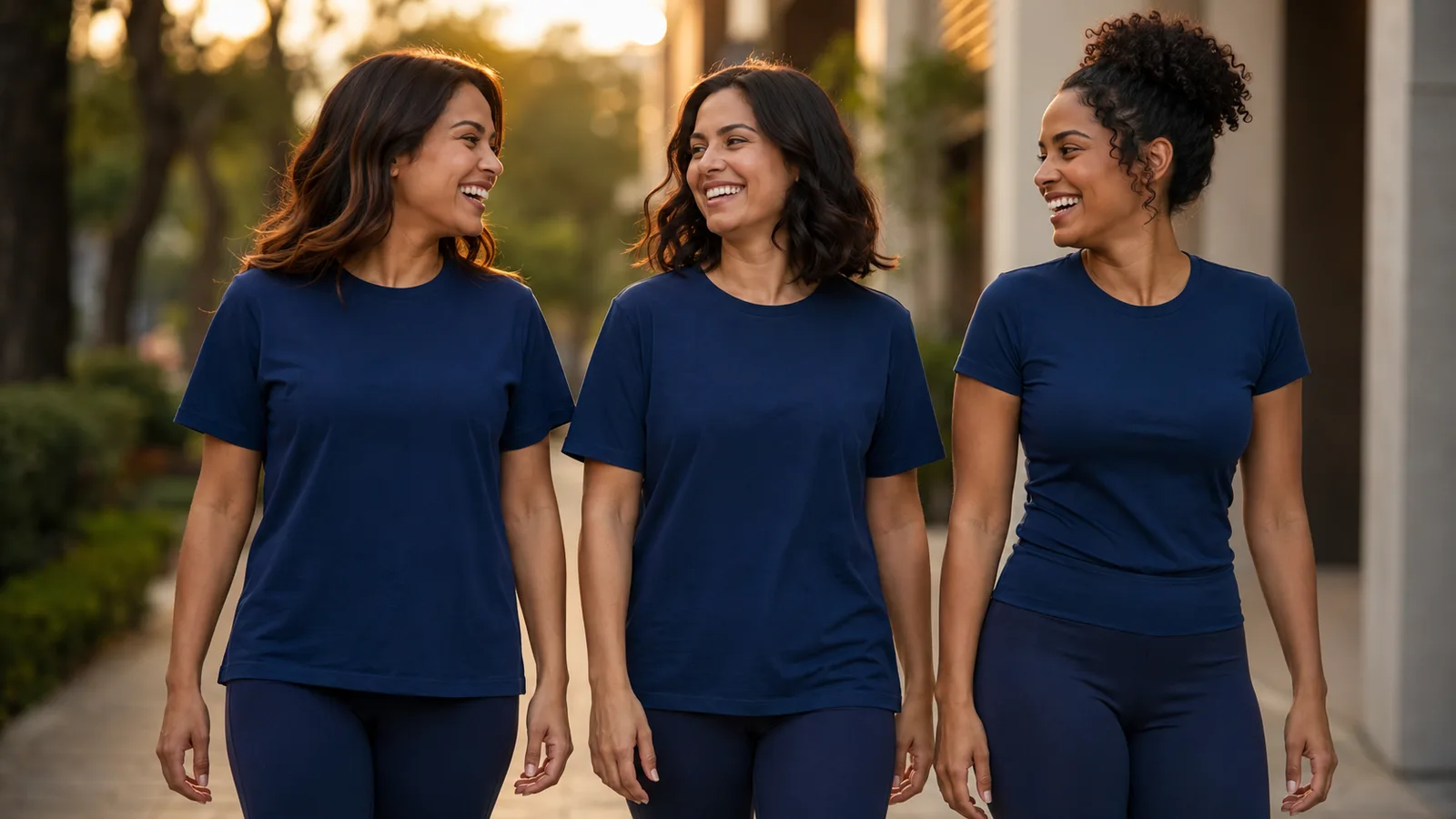 Três amigas caminhando juntas e rindo, todas de camiseta azul-marinho lisa, calçada arborizada ao entardecer