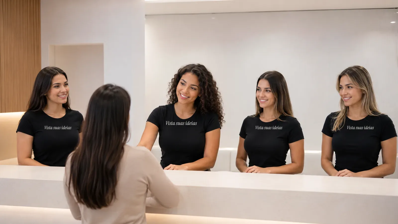 Equipe de quatro mulheres atrás do balcão de uma recepção clara, todas de baby look preta com a frase Vista suas ideias estampada no peito