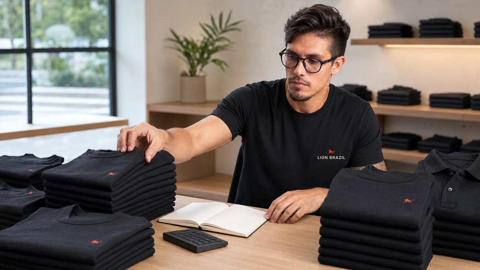 Camisetas e camisas polo pretas dobradas por tamanho sendo contadas na mesa antes de fechar o pedido