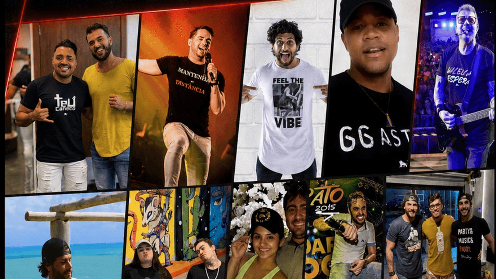 Mosaico de clientes da Lion Brazil vestindo camisetas personalizadas com artes diferentes