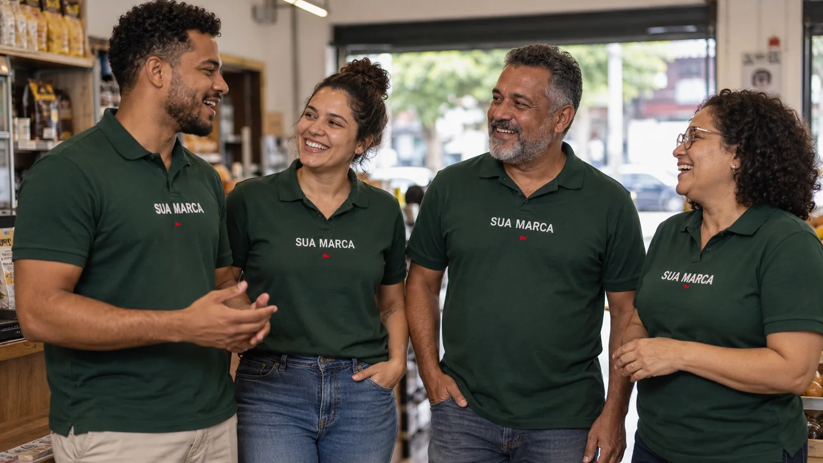 Camisa polo preta personalizada em atendimento no balcão e detalhe da gola com o leão da Lion bordado no peito