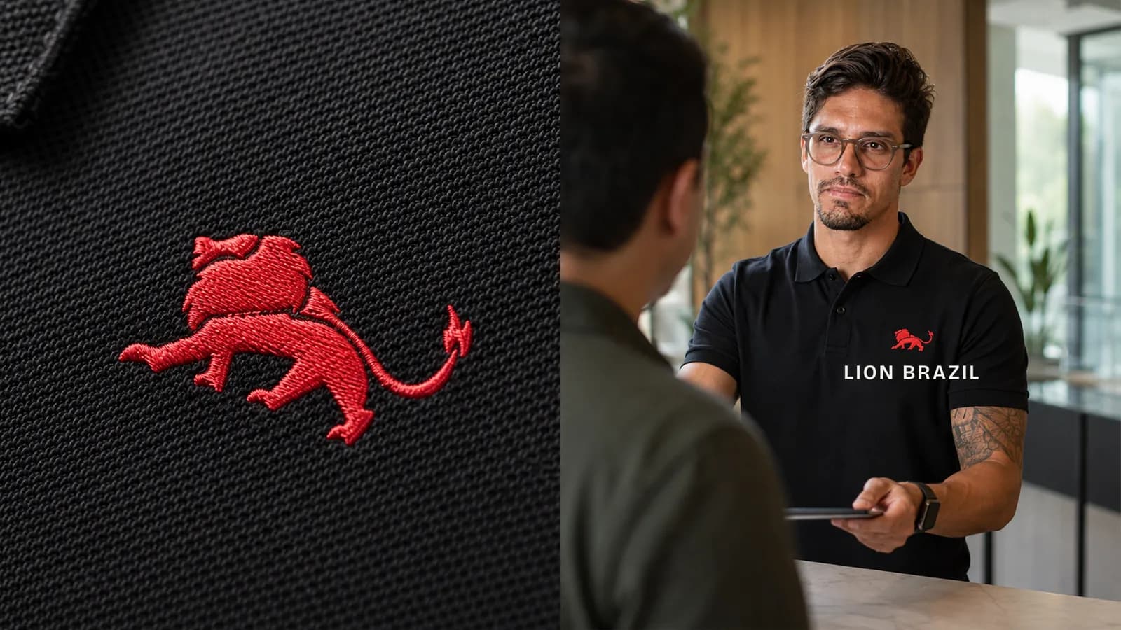 Macro do leão da Lion bordado no peito de camisa polo preta e a mesma polo em atendimento corporativo