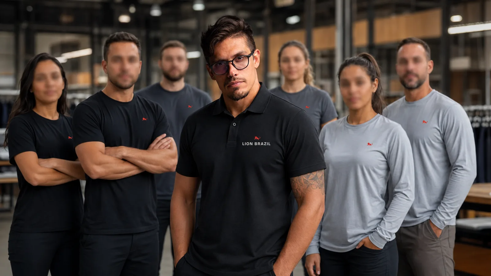 Equipe dividida por função em três cores de uniforme, todas com o mesmo leão vermelho na mesma posição do peito