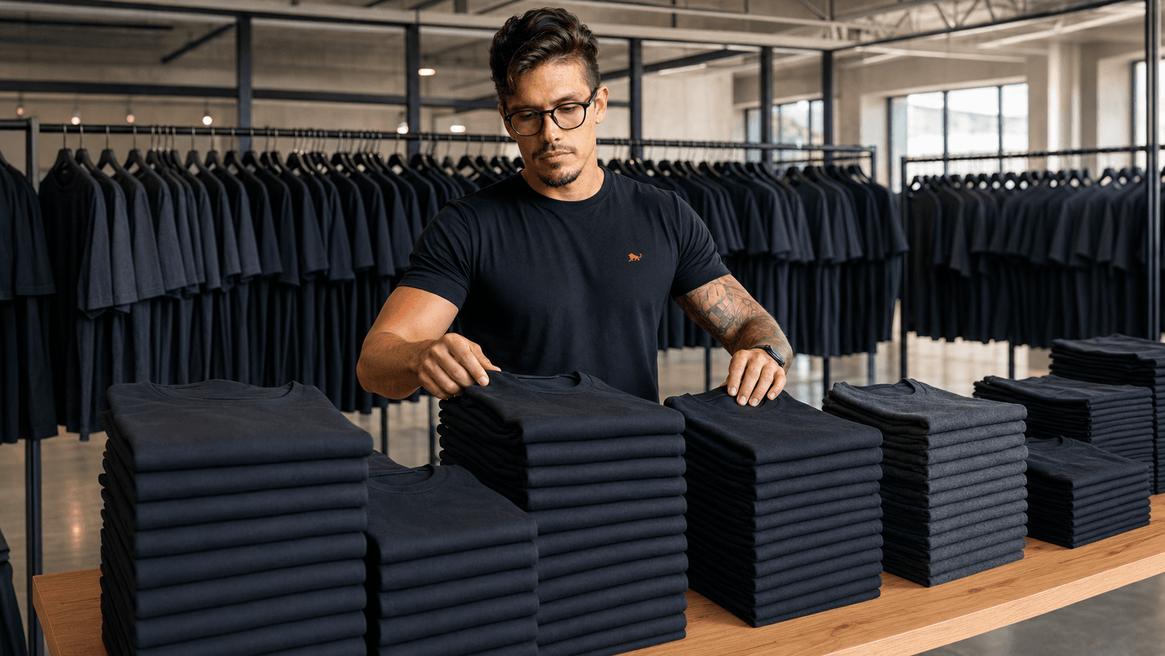 Conferência de lote de atacado com pilhas de camisetas dobradas separadas por tamanho na expedição