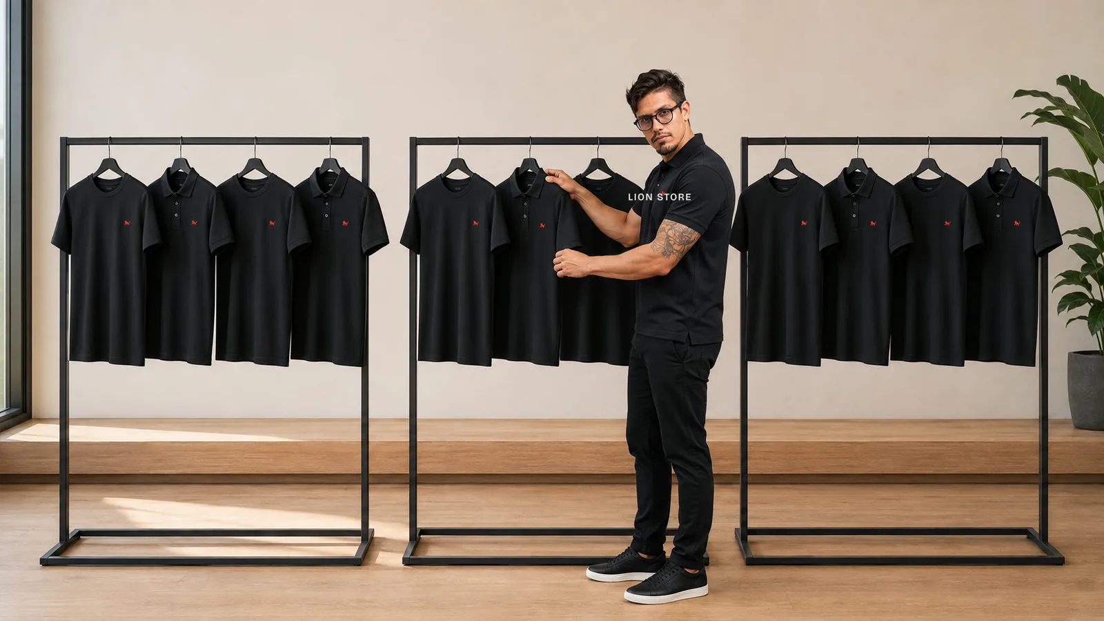 Três araras idênticas com o mesmo uniforme padronizado de rede sendo conferidas no showroom
