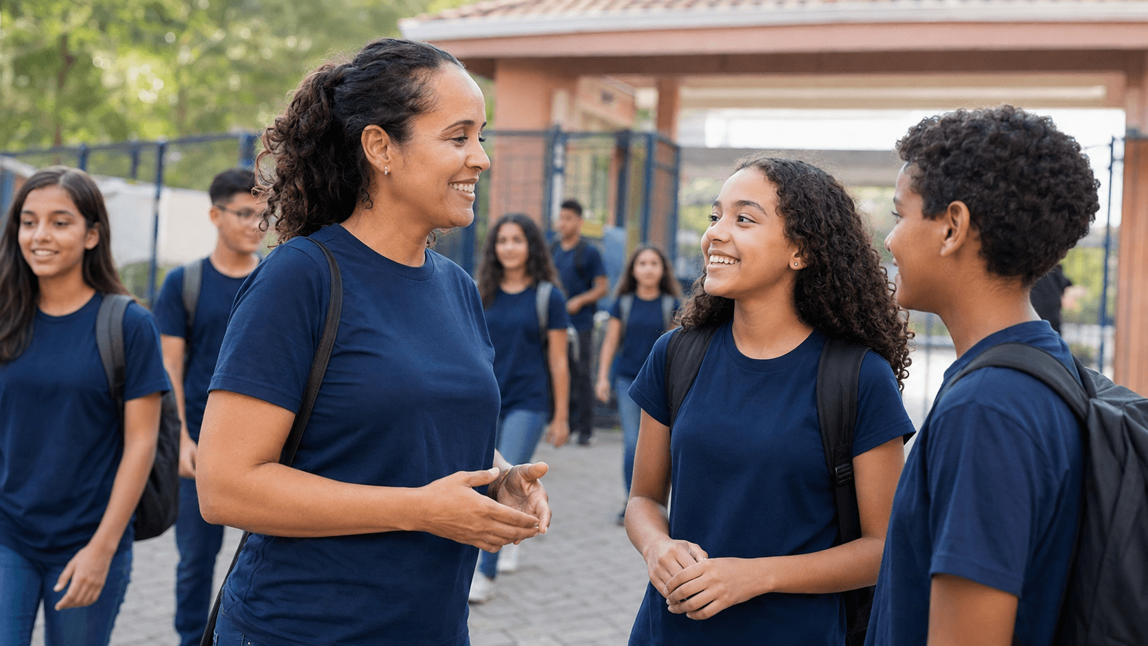 Professora conversando com dois alunos de camiseta de uniforme azul-marinho na entrada da escola