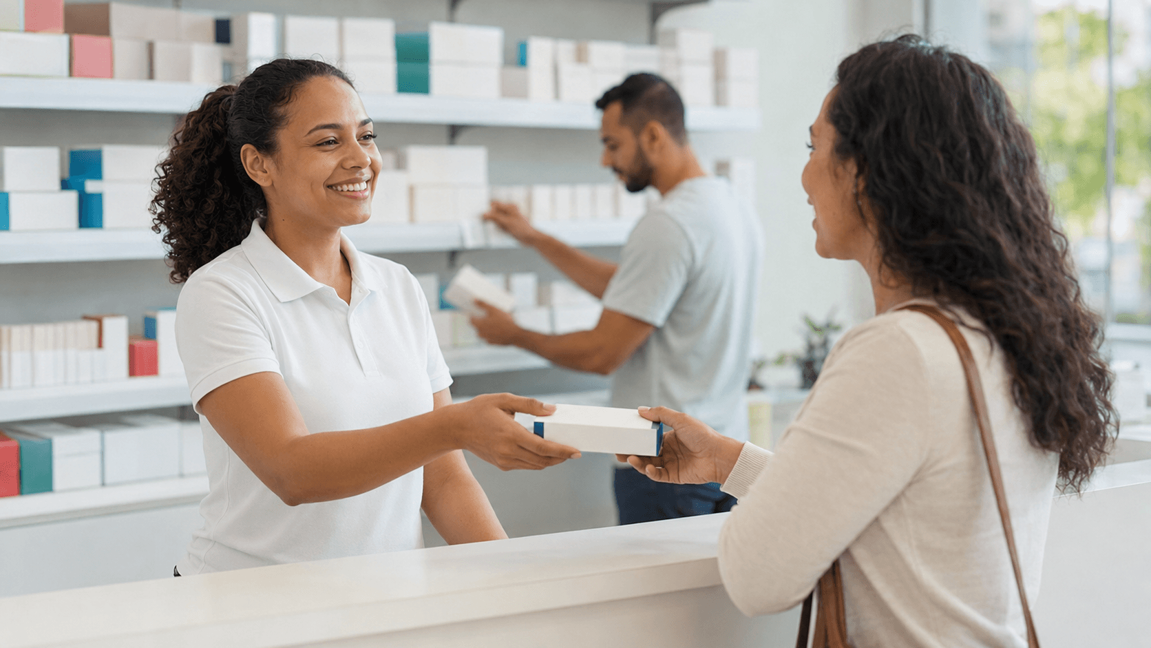 Atendente de camisa polo branca entregando um medicamento a uma cliente no balcão da farmácia