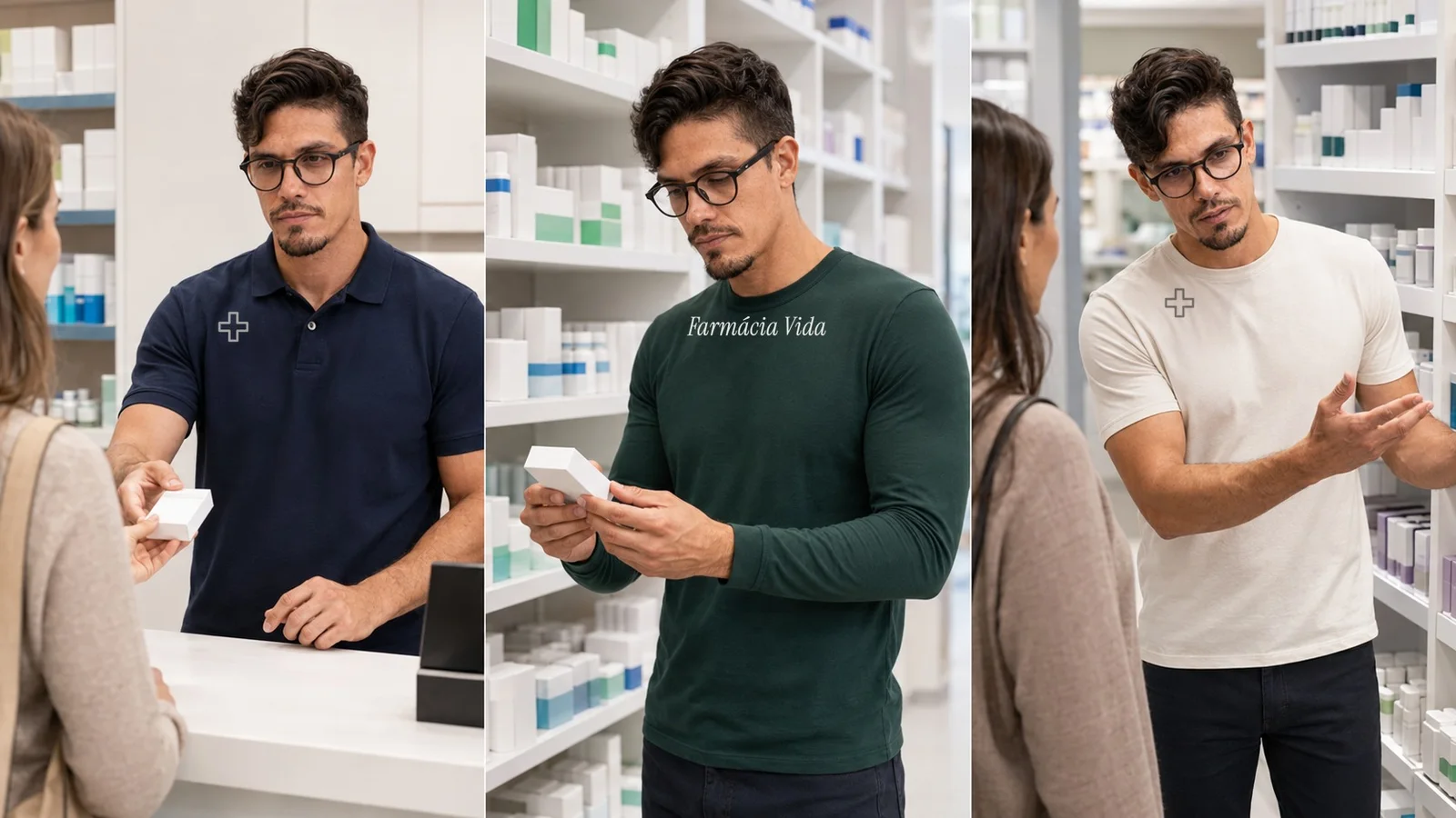 Atendente de farmácia em três cenas, de polo azul-marinho, camiseta verde com Farmácia Vida no peito e camiseta off-white