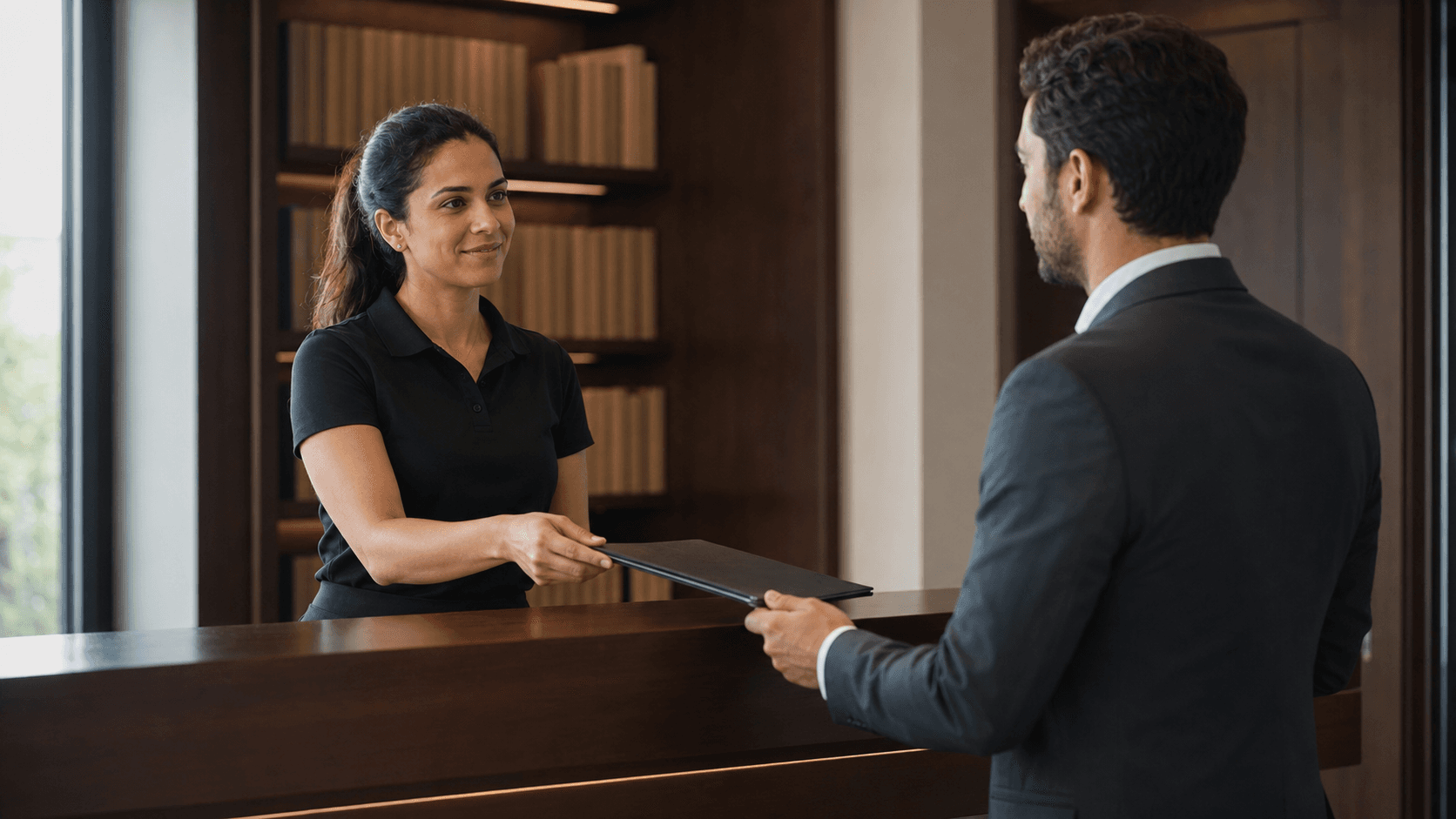 Recepcionista de camisa polo preta entregando uma pasta a um cliente de terno no balcão do escritório