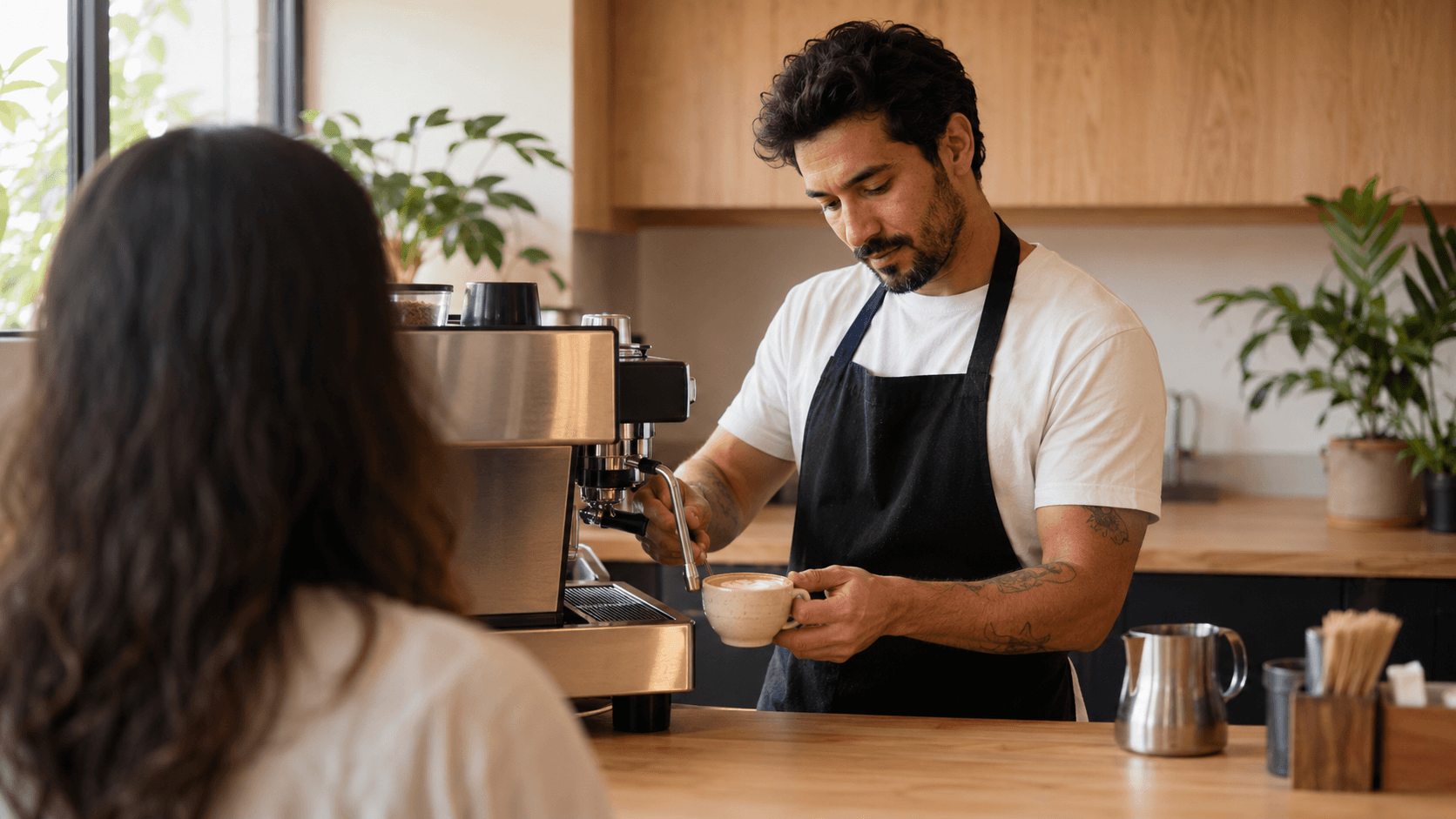 Barista de camiseta off-white lisa por baixo do avental preto finalizando um cappuccino no balcão