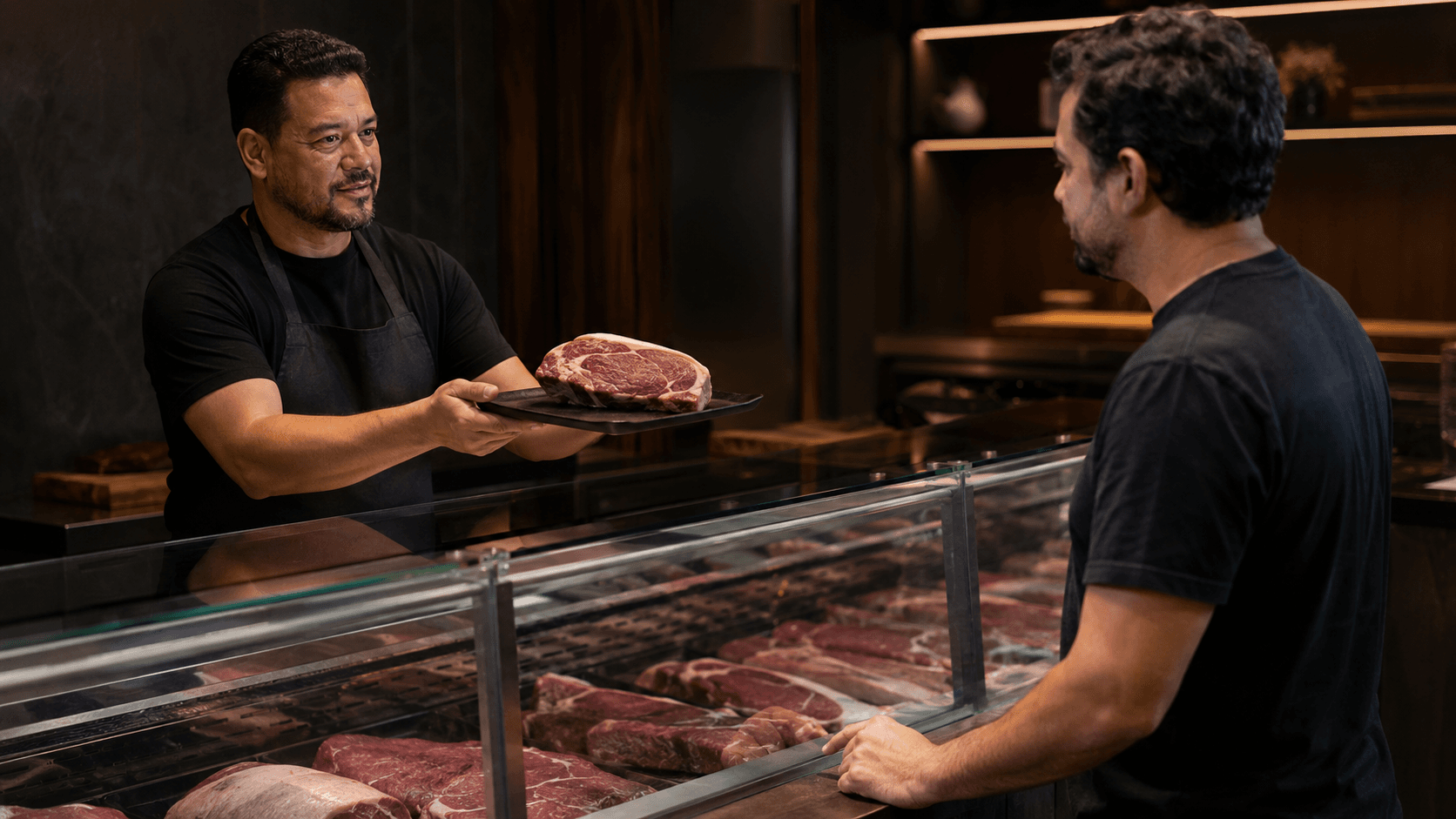 Açougueiro de camiseta preta e avental apresentando um corte de carne ao cliente sobre o balcão refrigerado
