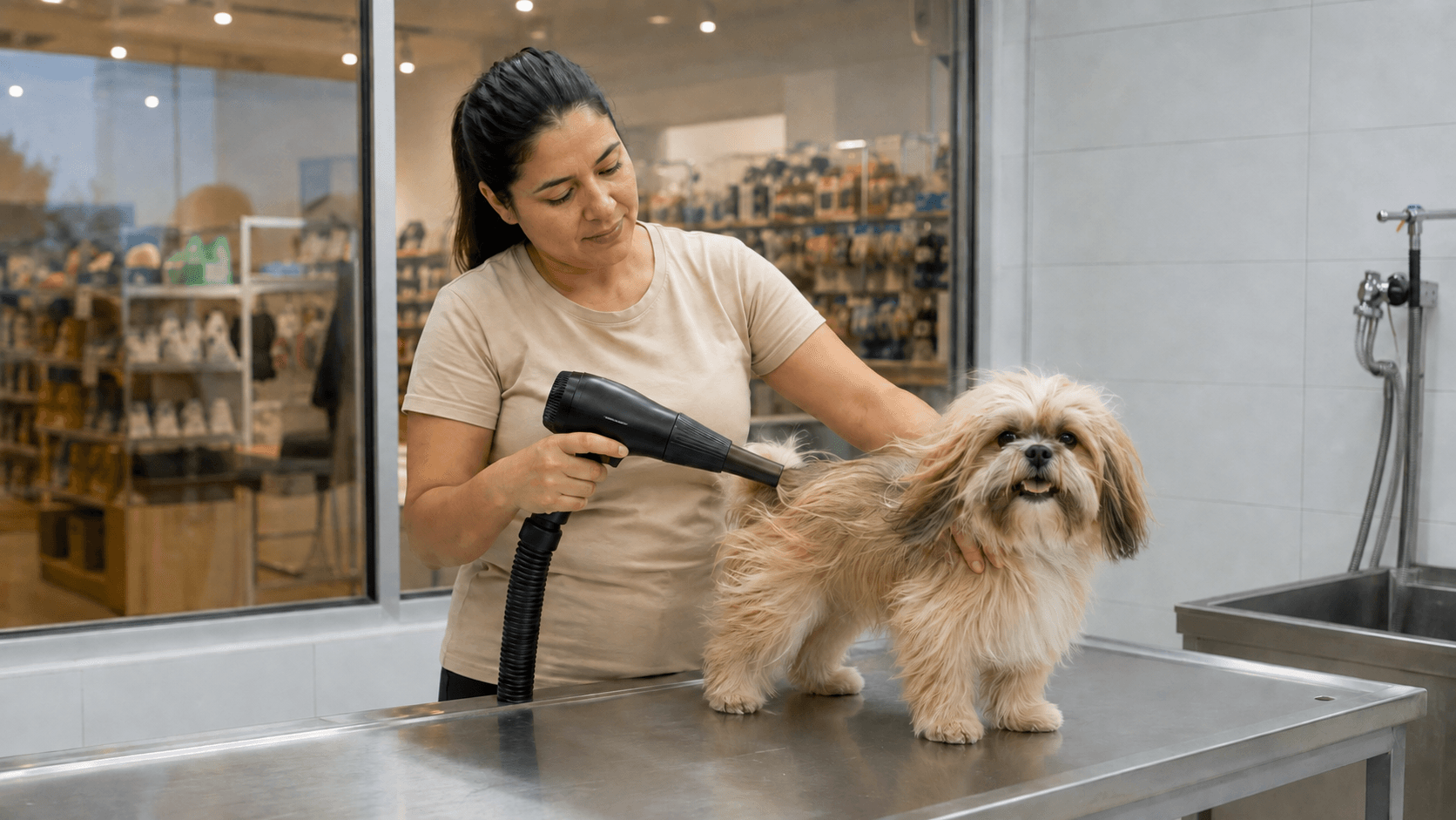 Tosadora de camiseta lisa cor areia secando um cachorro de porte pequeno na bancada de inox