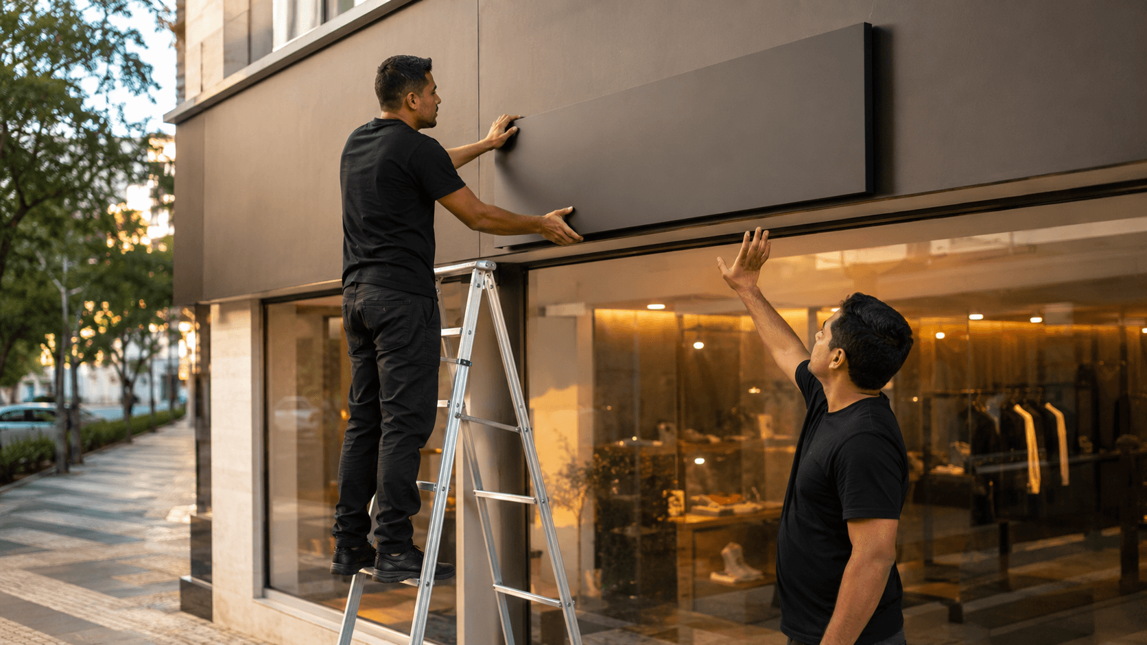 Dupla de camiseta preta instalando um painel de fachada em loja de rua no fim da tarde