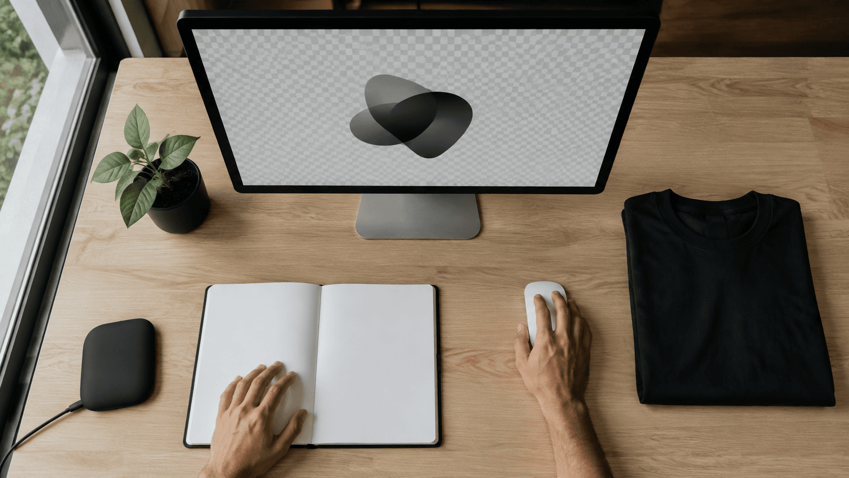 Mesa de designer vista de cima com a arte sobre fundo de transparência no monitor e uma camiseta preta dobrada ao lado