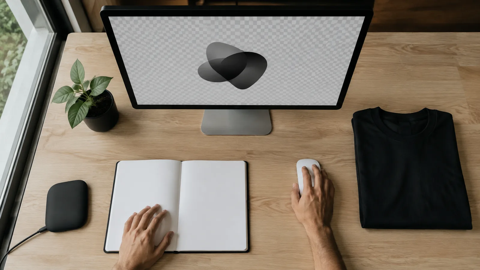 Mesa de designer vista de cima com a arte sobre fundo de transparência no monitor e uma camiseta preta dobrada ao lado