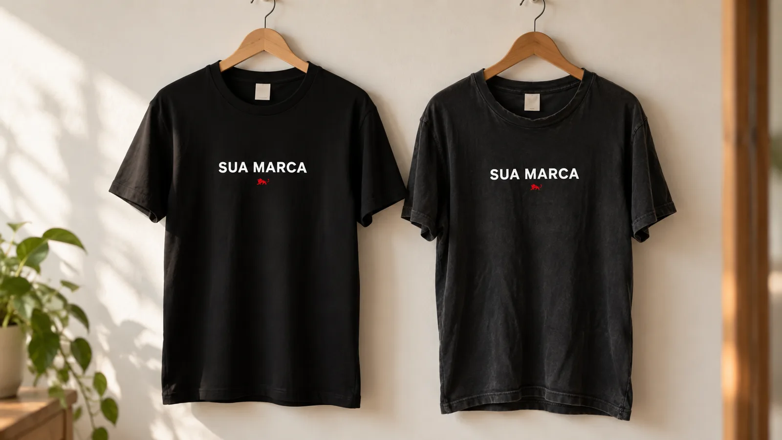 Duas camisetas pretas dobradas lado a lado: a nova com preto profundo e a desgastada com a gola ondulada
