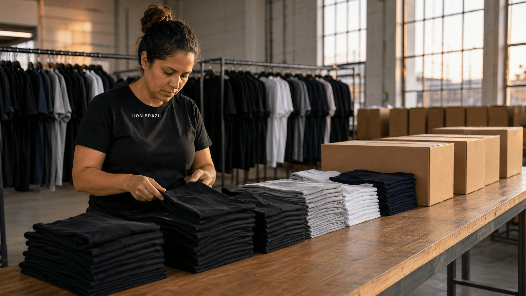 Conferência do lote na expedição da confecção, com pilhas de camisetas dobradas por tamanho e caixas prontas para sair