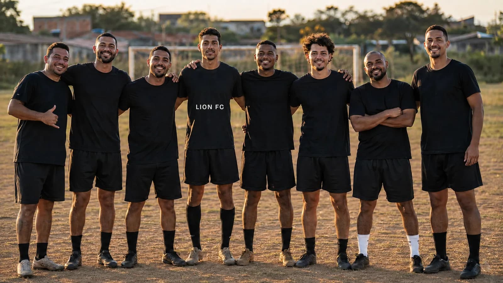 Time amador reunido em campo de várzea no fim da tarde, todos com a mesma camiseta preta lisa