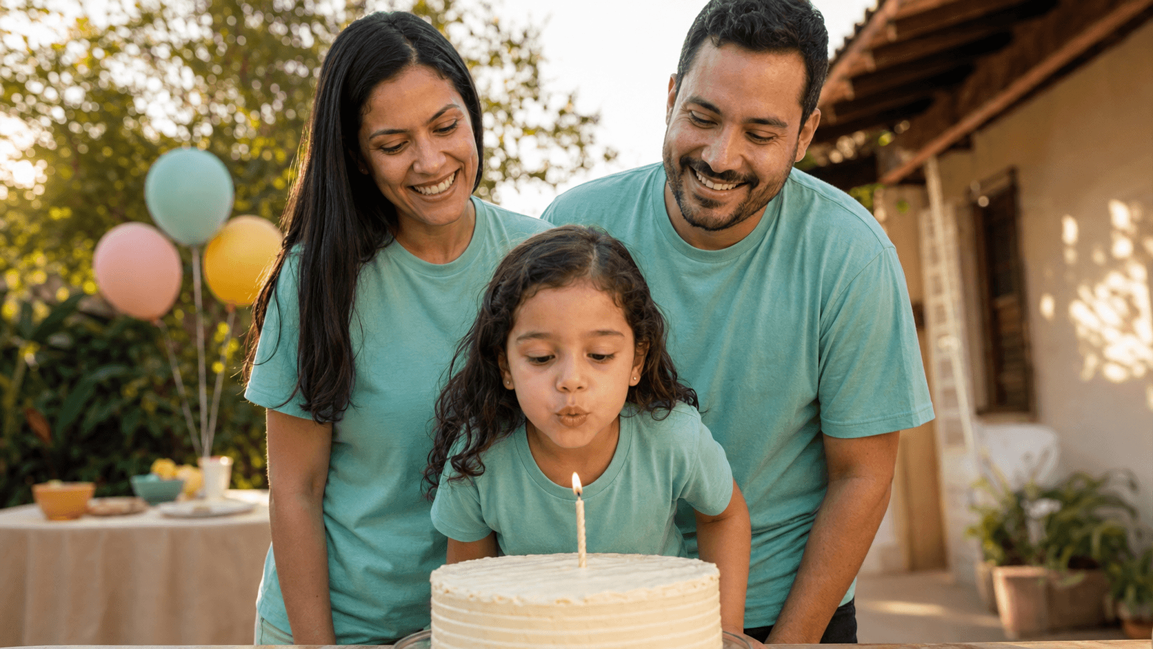 Menina soprando a vela do bolo com os pais atrás, os três com a mesma camiseta lisa na festa do quintal