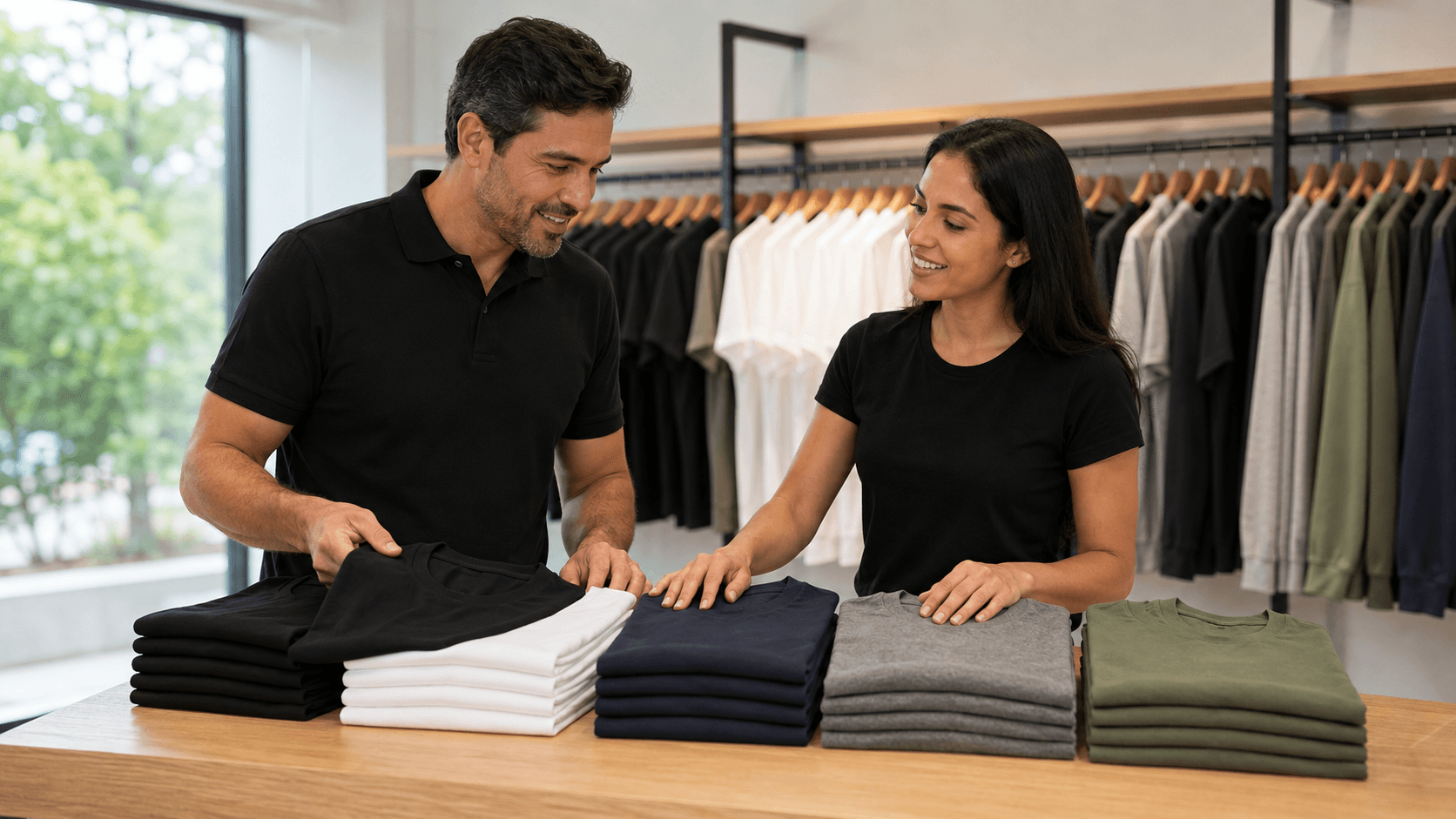 Gestor e atendente escolhendo cor sobre pilhas de camisetas lisas no balcão do showroom
