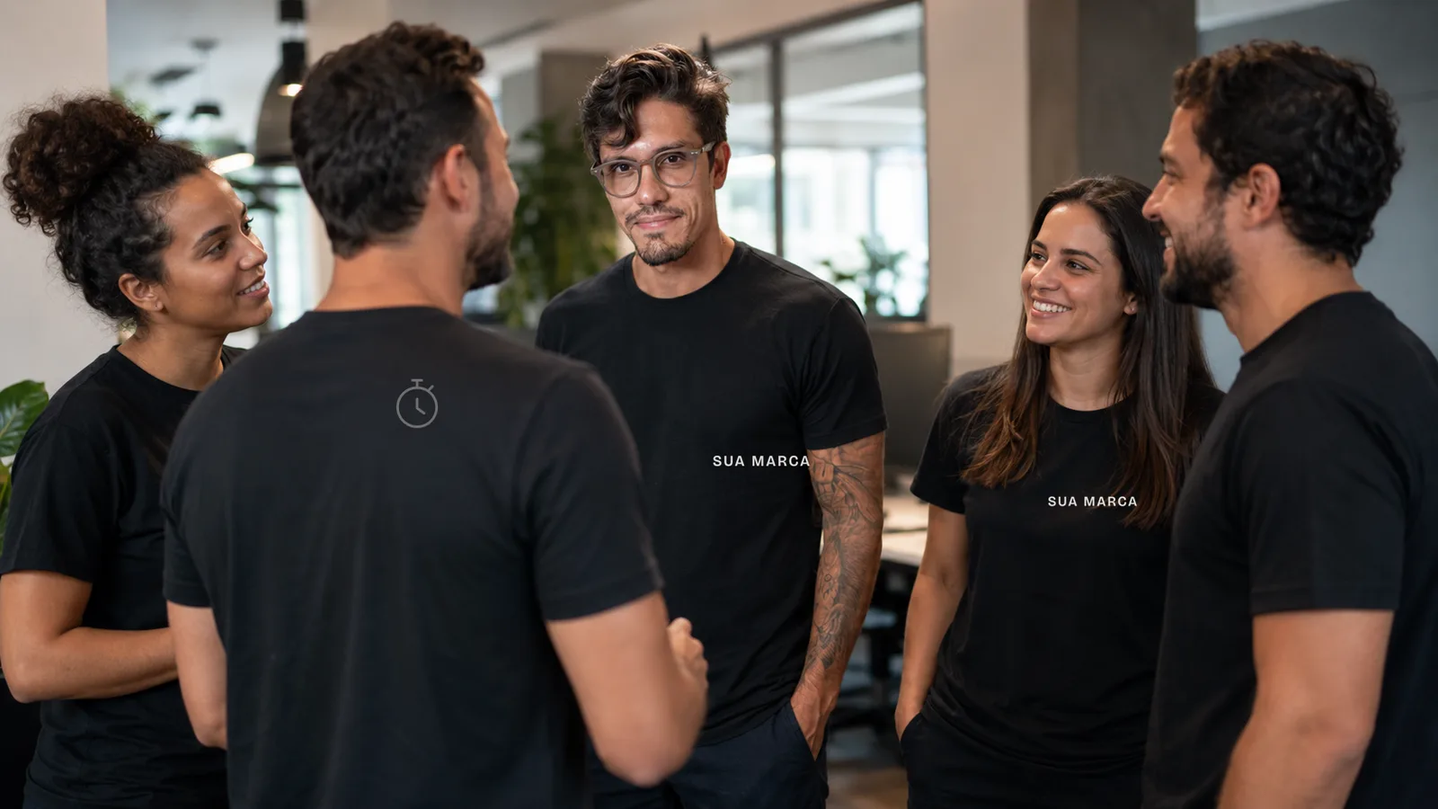 Pedro com uma equipe de quatro pessoas em camisetas pretas iguais com Sua Marca no peito, num escritório moderno; um deles de costas mostra a assinatura de cronômetro em traço fino