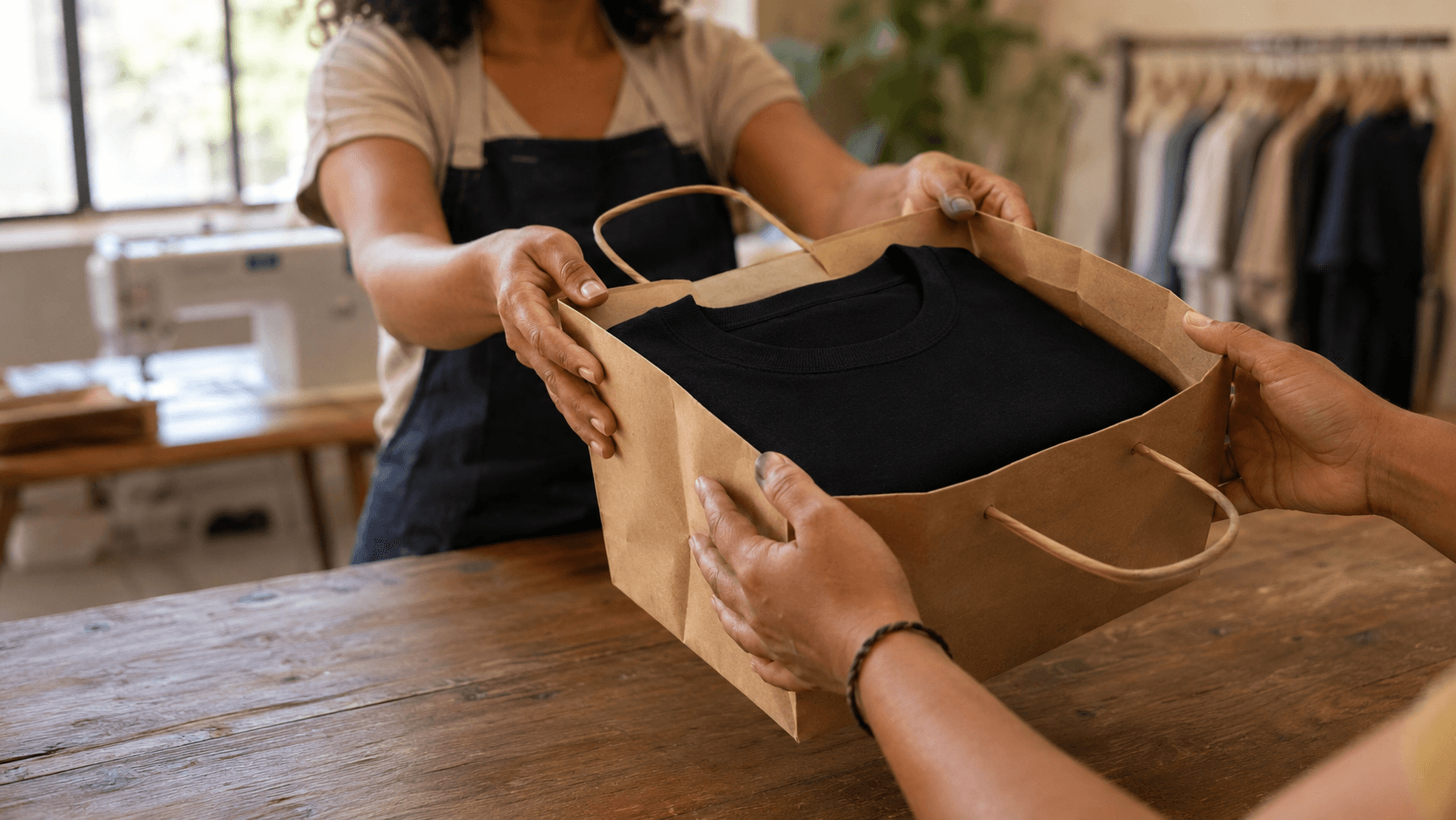 Uma única camiseta preta dobrada sendo entregue dentro de sacola kraft no balcão do ateliê