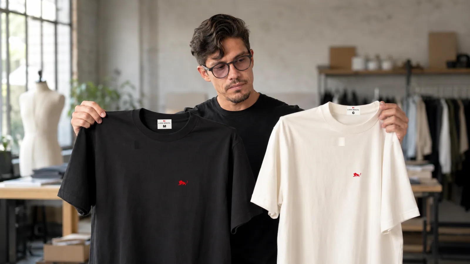 Pedro segurando duas camisetas erguidas lado a lado, uma preta e uma off-white.