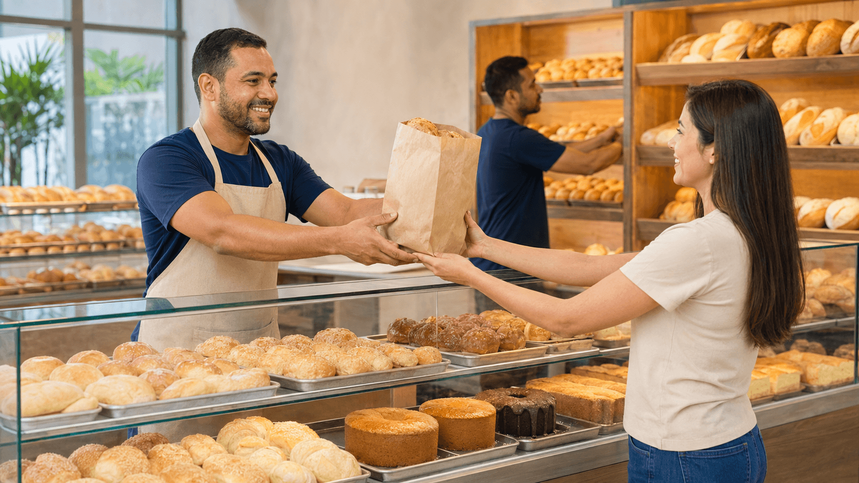 Atendente de camiseta azul-marinho e avental entregando pães no balcão da padaria do supermercado