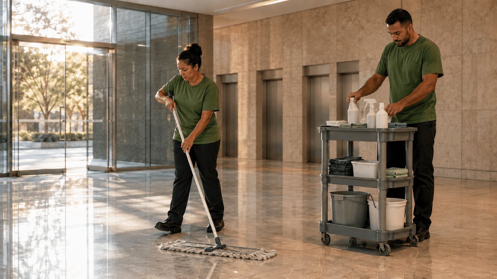Dupla de profissionais de limpeza com camiseta verde-musgo trabalhando no hall de um prédio comercial
