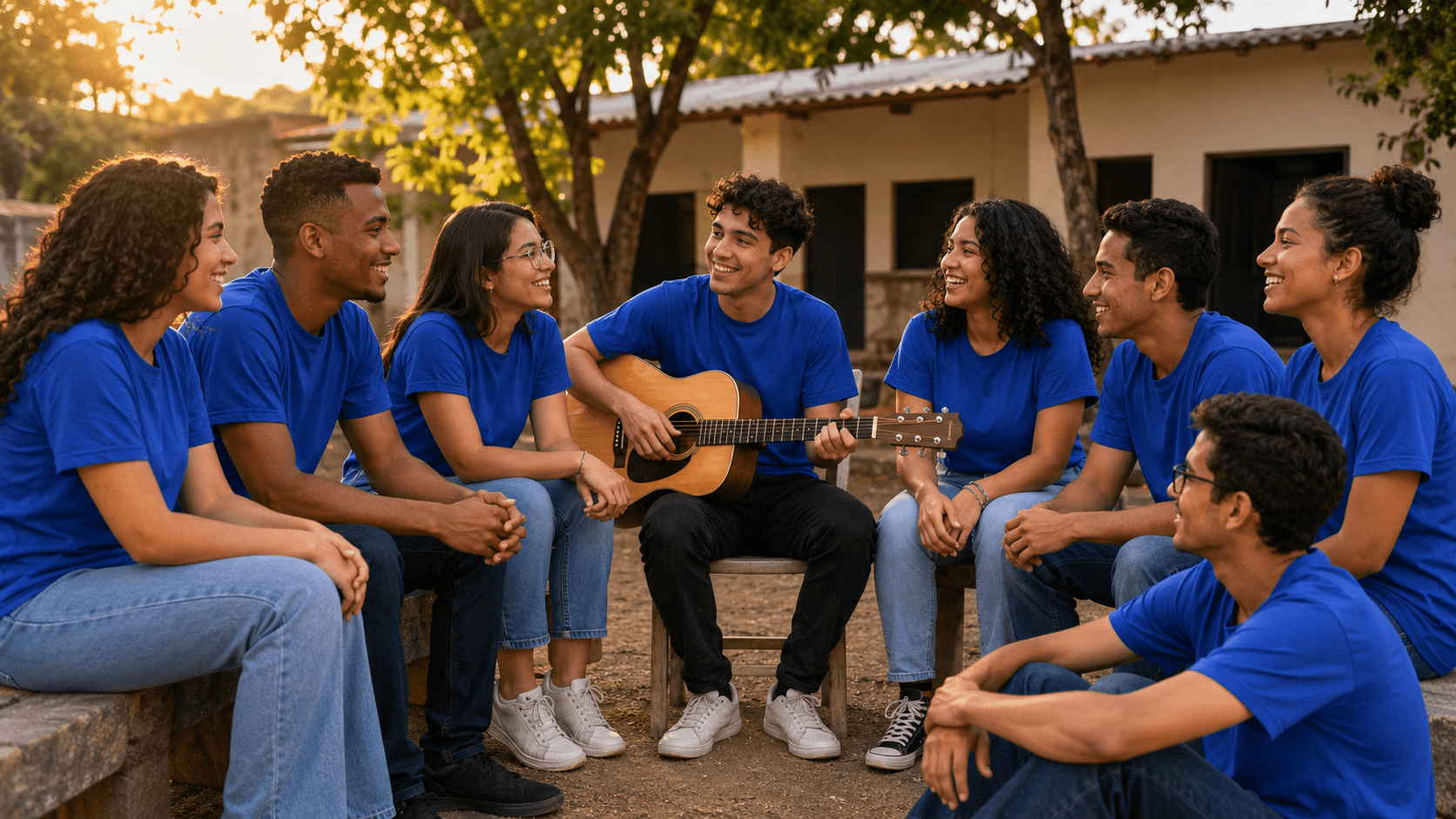 Grupo de jovens em roda no pátio da igreja ao entardecer, todos com a mesma camiseta azul-royal