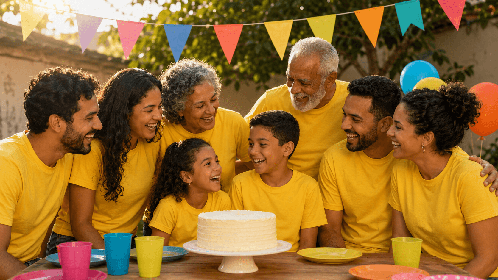 Família de três gerações com a mesma camiseta amarela em volta do bolo na festa do quintal