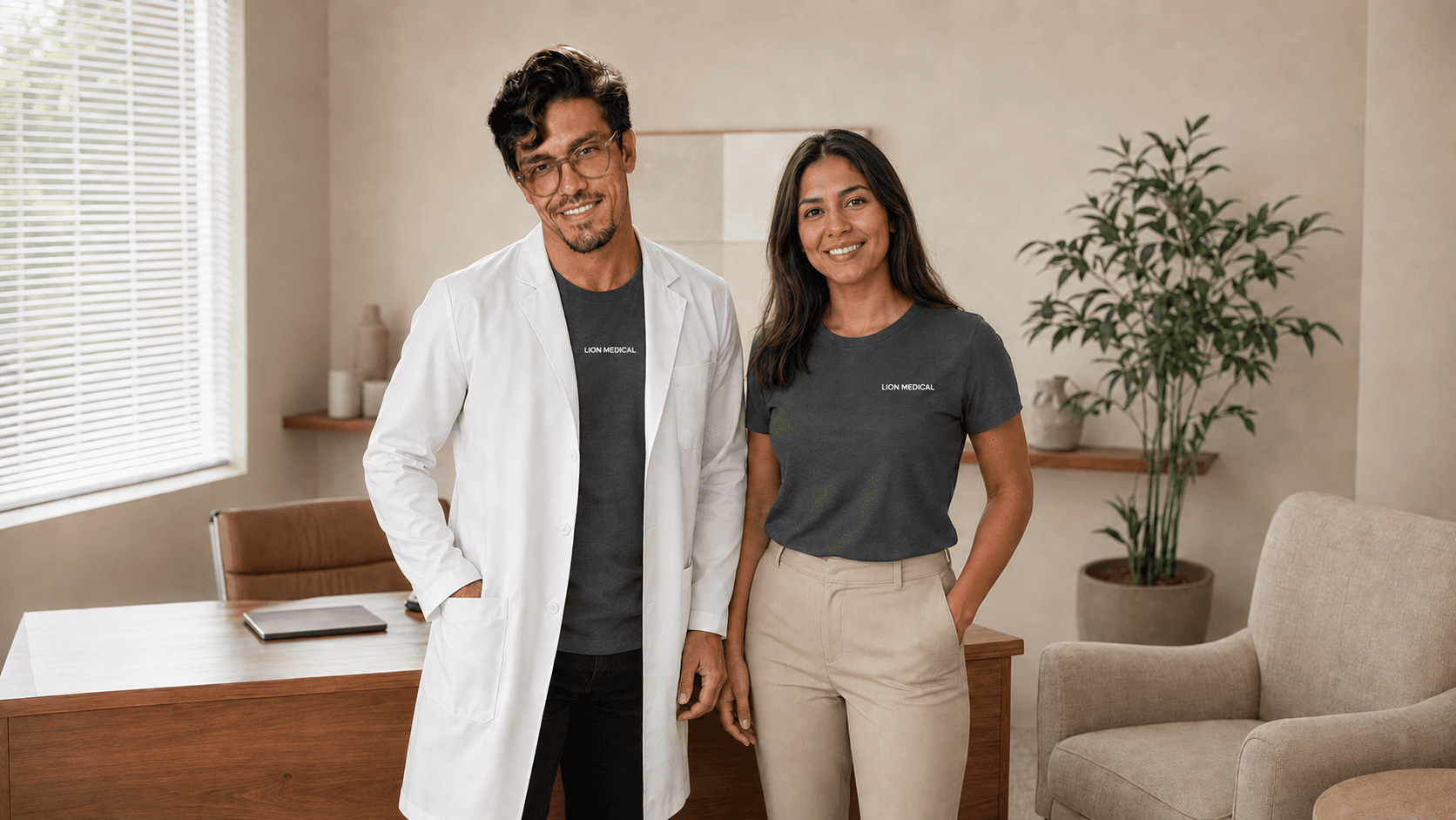 Profissional de saúde e recepcionista vestindo uniforme personalizado da Lion Brazil em consultório
