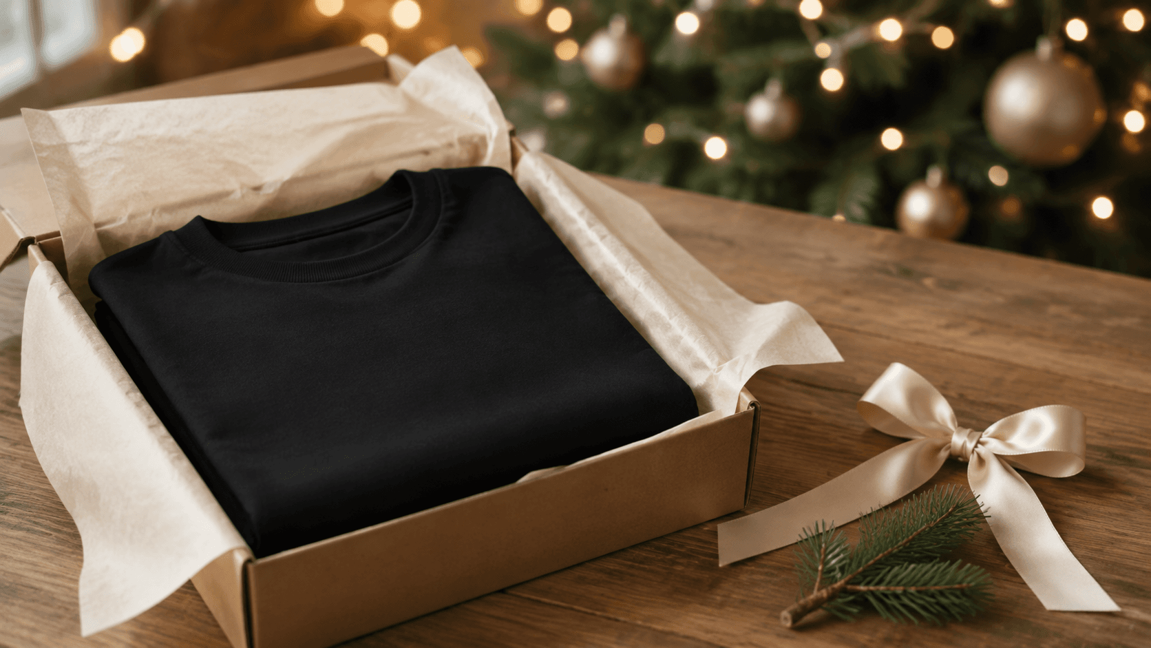 Camiseta preta dobrada dentro de caixa de presente com papel de seda, ao lado da árvore de Natal
