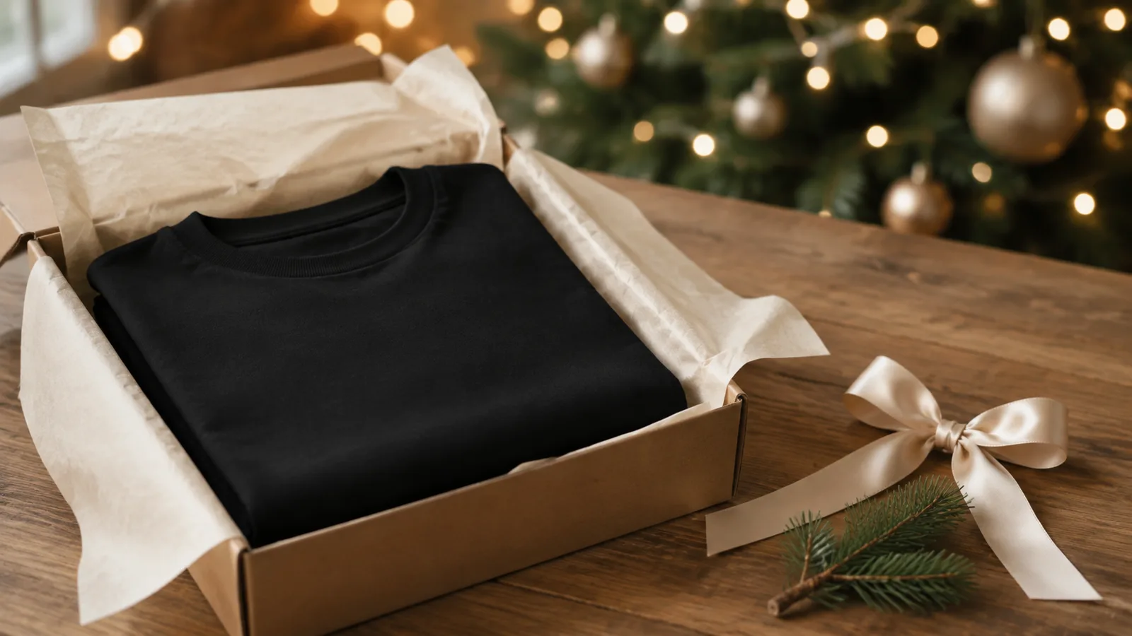 Camiseta preta dobrada dentro de caixa de presente com papel de seda, ao lado da árvore de Natal
