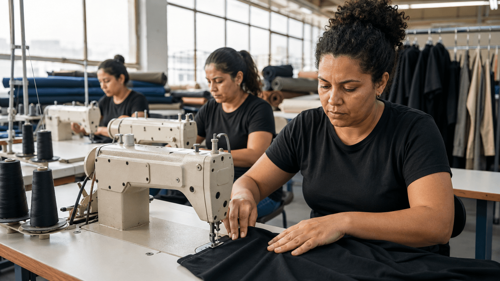 Costureiras trabalhando em máquinas industriais na produção da confecção em Natal-RN