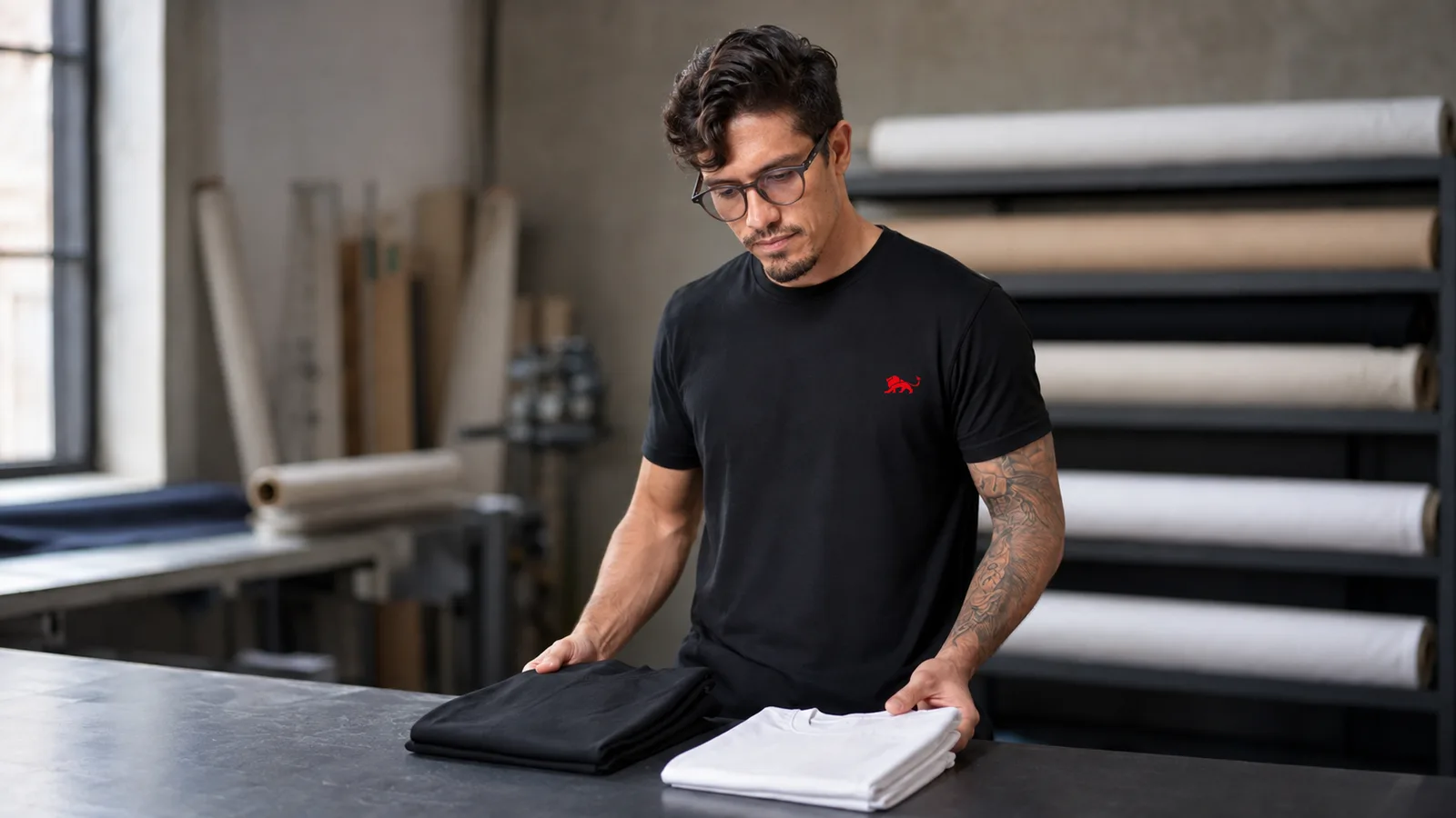 Pedro, fundador da Lion Brazil, na bancada do ateliê examinando duas camisetas dobradas, uma preta e uma branca, vestindo camiseta preta com o leão vermelho pequeno no peito, rolos de tecido ao fundo