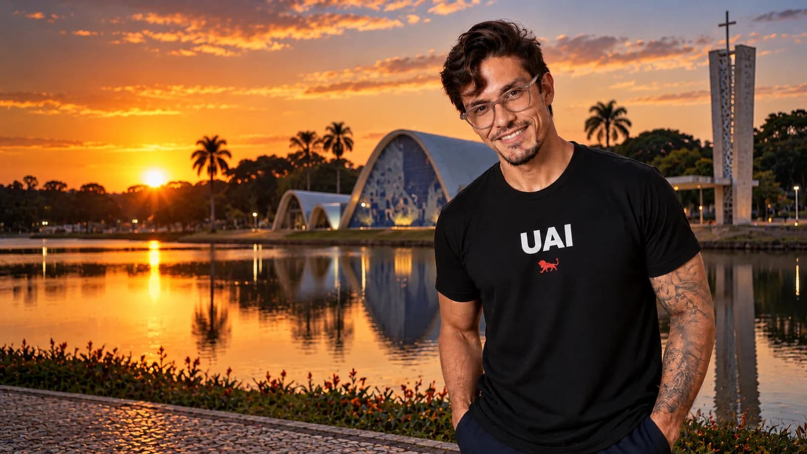 Pedro Costa, fundador da Lion Brazil, com camiseta preta estampada "Uai" e o leão da marca, em frente a a Igreja da Pampulha
