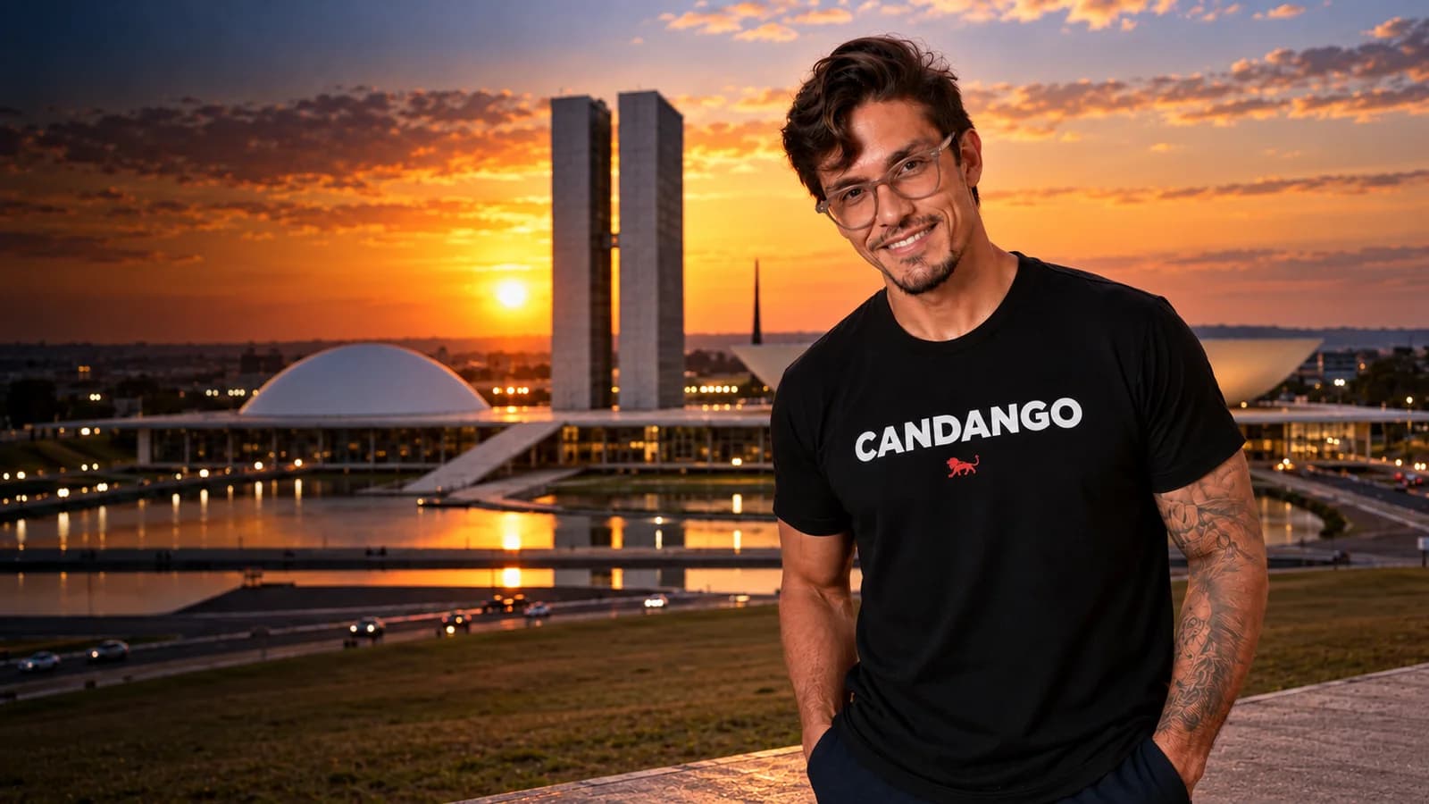 Pedro Costa, fundador da Lion Brazil, com camiseta preta estampada "Candango" e o leão da marca, em frente a o Congresso Nacional