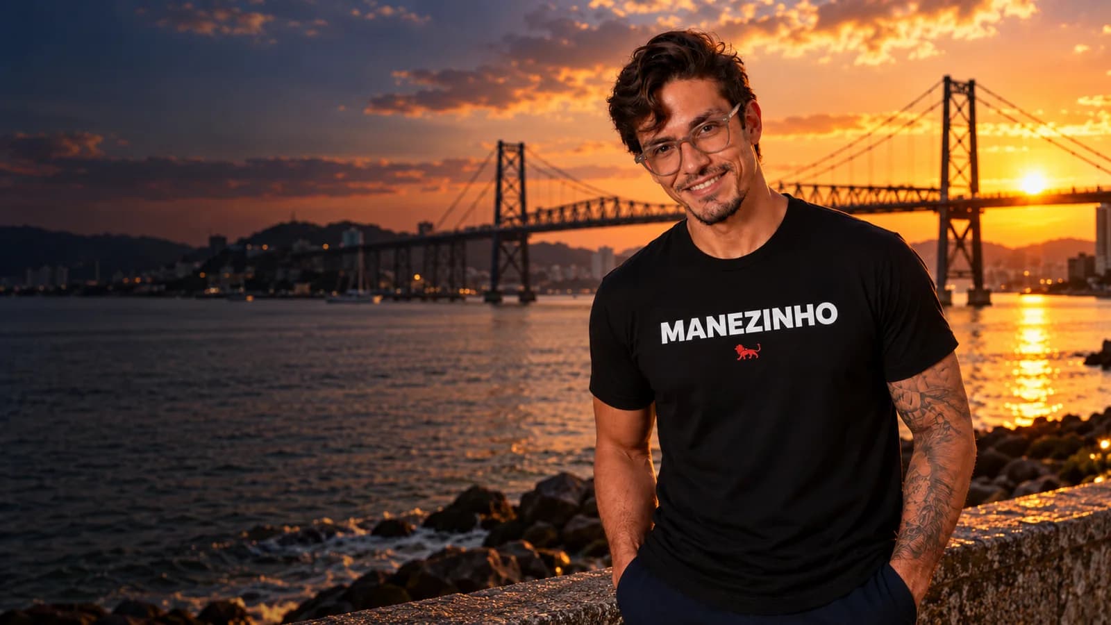 Pedro Costa, fundador da Lion Brazil, com camiseta preta estampada "Manezinho" e o leão da marca, em frente a a Ponte Hercílio Luz
