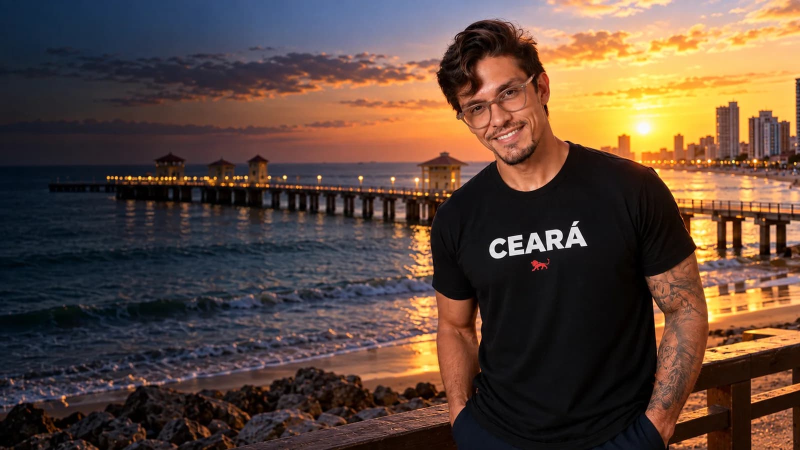 Pedro Costa, fundador da Lion Brazil, com camiseta preta estampada "Ceará" e o leão da marca, em frente a a Ponte dos Ingleses