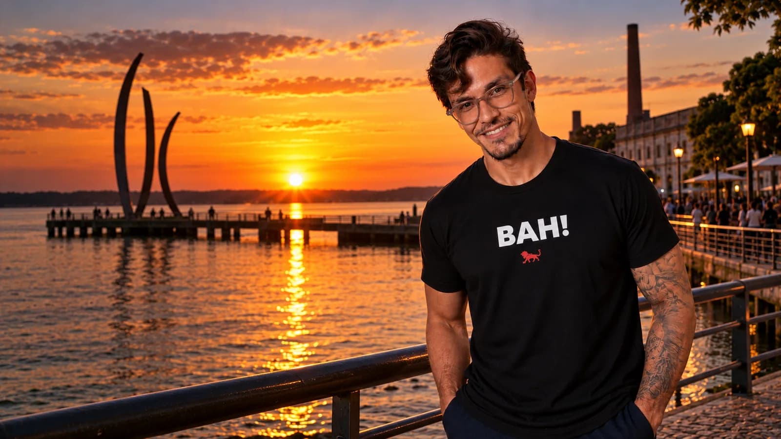 Pedro Costa, fundador da Lion Brazil, com camiseta preta estampada "Bah!" e o leão da marca, em frente a a orla do Guaíba