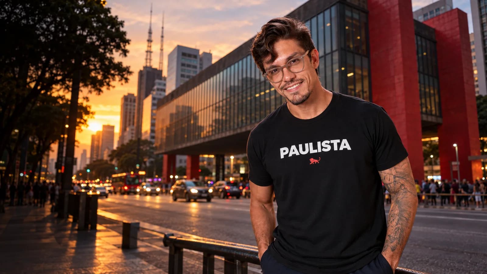 Pedro Costa, fundador da Lion Brazil, com camiseta preta estampada "Paulista" e o leão da marca, em frente a a Avenida Paulista e o MASP