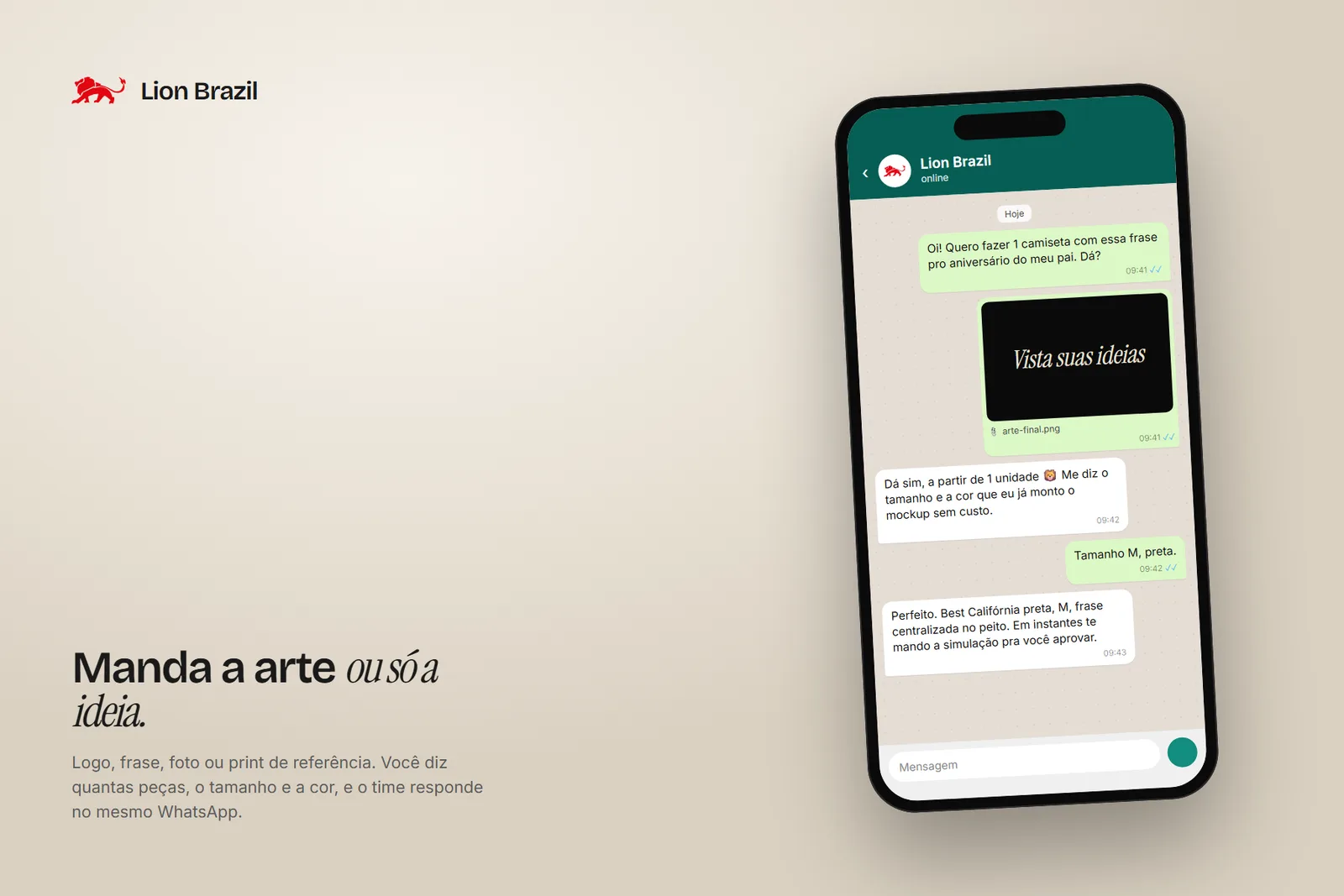 Conversa no WhatsApp da Lion Brazil: cliente manda a arte e pede 1 camiseta tamanho M preta