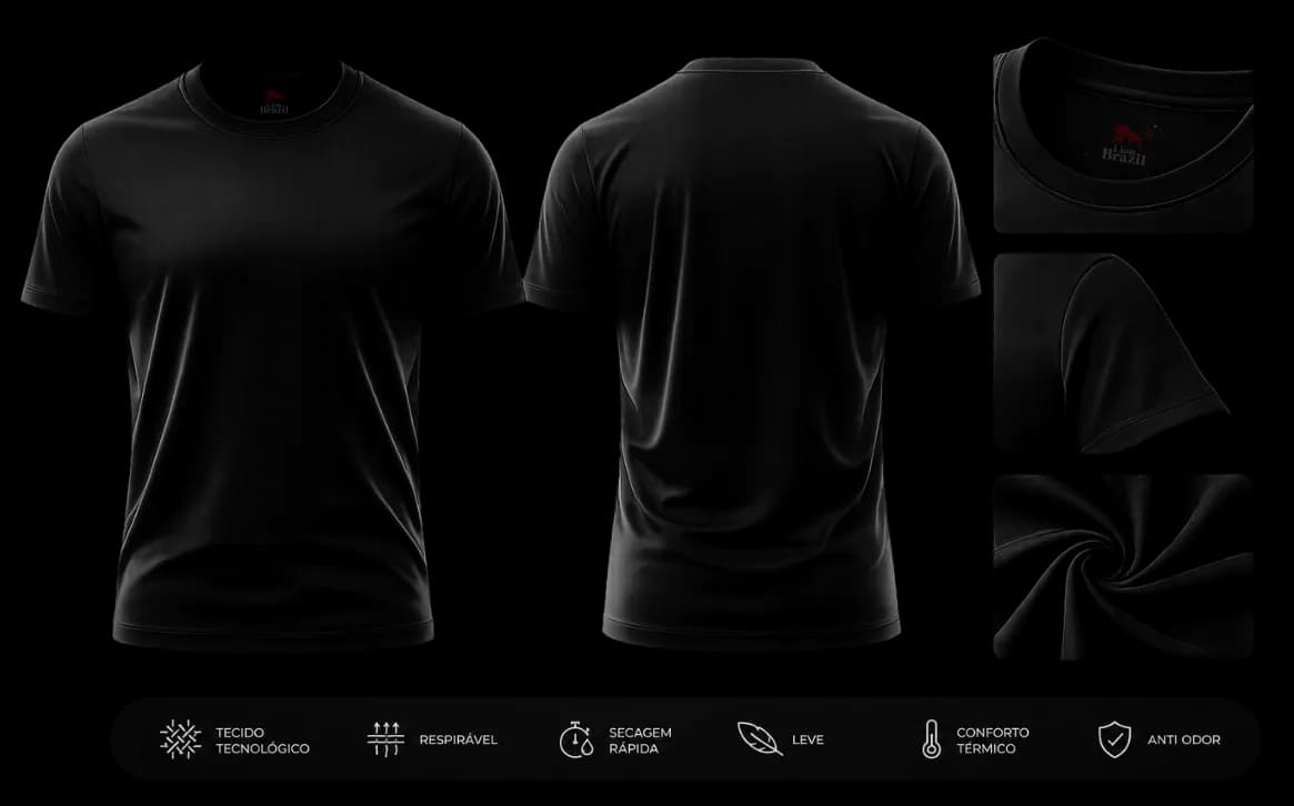 Best T-shirt preta da Lion Brazil: frente, costas e detalhes de gola, manga e tecido