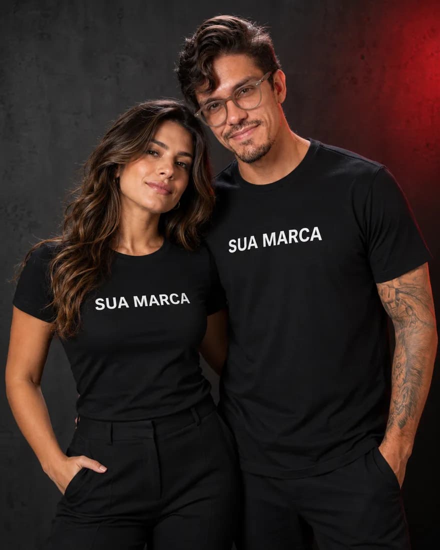 Mulher de camiseta babylook preta com SUA MARCA ao lado de Pedro Costa